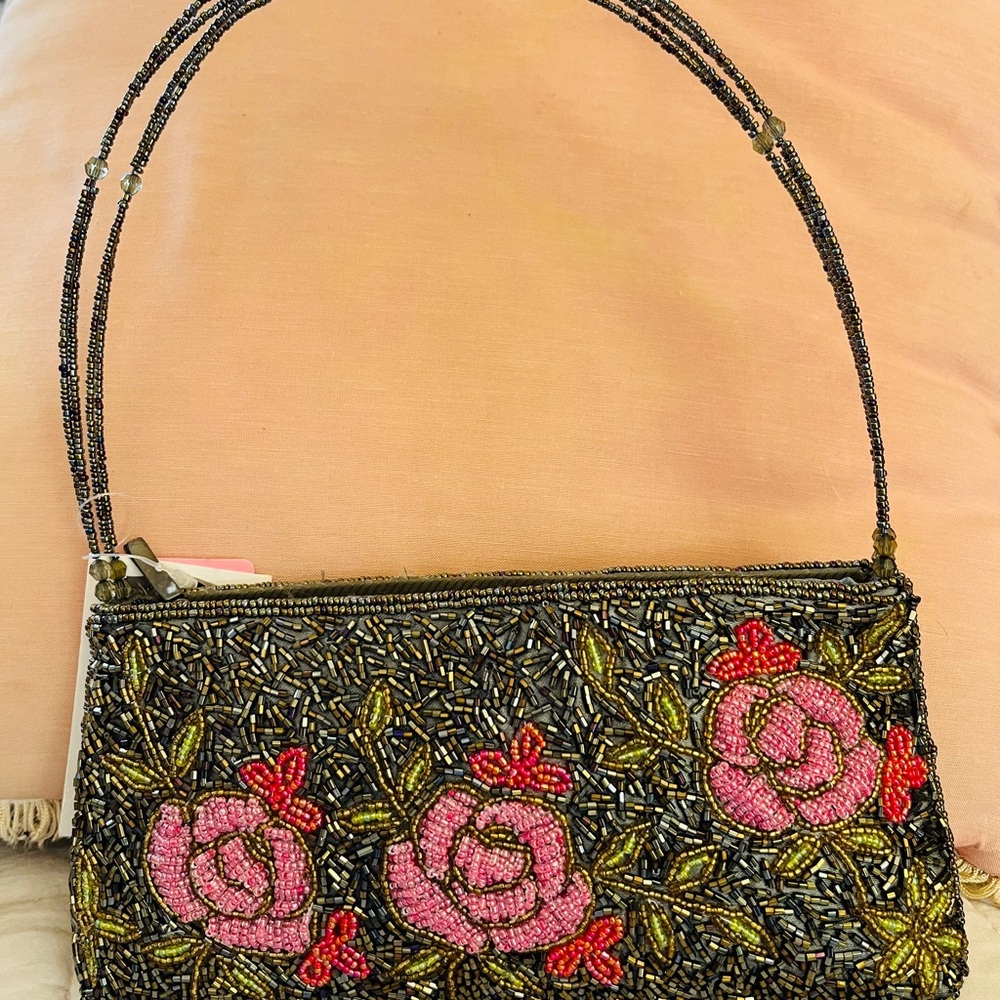 Elegant Beaded Floral Handbag with full zipper closure- stunning